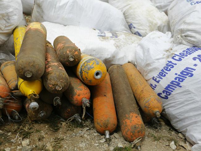 Sacks of garbage and empty oxygen cylinders collected from Mount Everest. Picture: AP