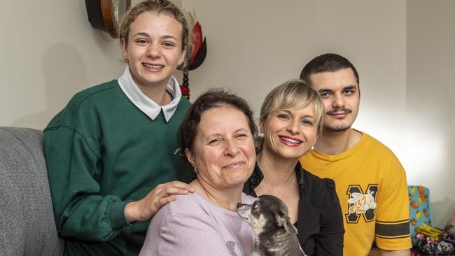 Nadiia Shevchenko with her grandchildren and daughter Yana (left), Oksana and Danya Shevchenko. Picture: Nev Madsen.