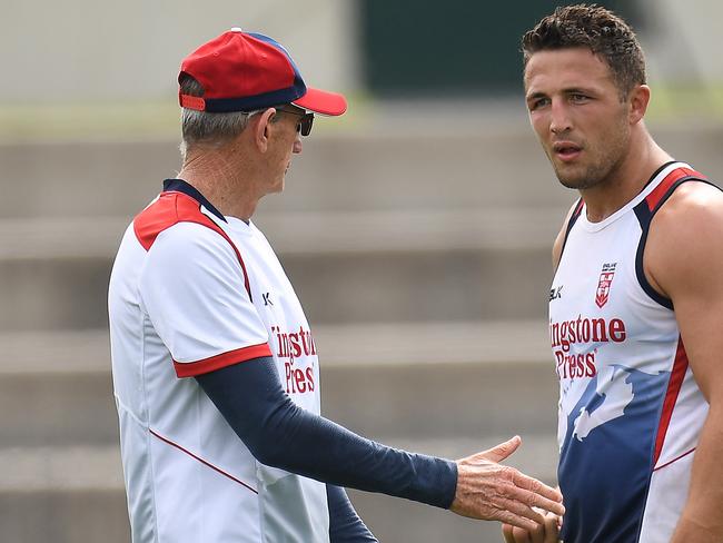 Sam Burgess of England (right) and coach Wayne Bennett are seen at training ahead of the Rugby League World Cup at Lakeside Stadium in Melbourne, Tuesday, October 24, 2017. (AAP Image/Julian Smith) NO ARCHIVING