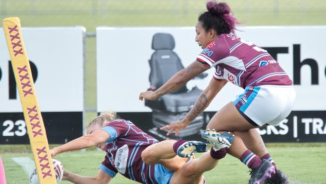 Jaquelyn Oberleueter for Cutters thwarts a try by the Capras in the BMD women's game, April 1, 2023. Picture: Marty Strecker