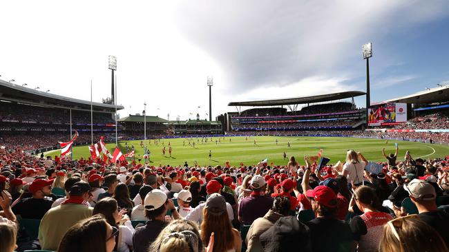 Sydney fans enjoy a Swans goal. Picture: Phil Hillyard.