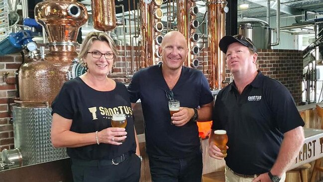 Sanctus Brewing owners Nicole and Trent O'Connor with celebrity chef Matt Moran at the NSW Government Regional Economic Plan launch at the Townsend brewery.