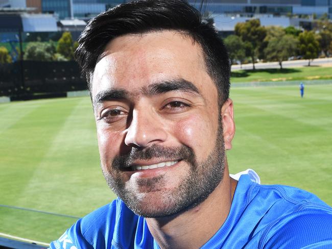 Superstar leg-spinner Rashid Khan who arrived Saturday night poses at the Karen Rolton Oval Pavilion during a practise match between Adelaide Strikers and the Perth Scorchers Monday December 16,2019.(Image AAP/Mark Brake)