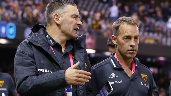 Adem Yze chats with Hawthorn coach Alastair Clarkson. Picture: Michael Klein.