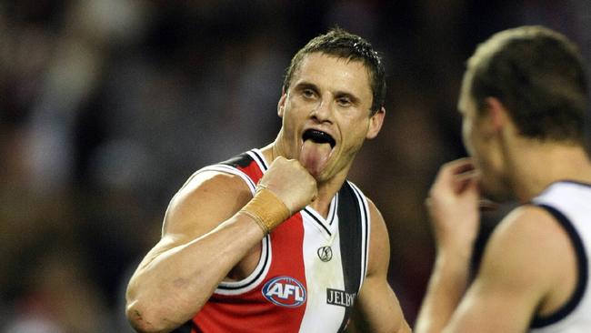 05/07/2009 SPORT: St Kilda vs Geelong at Etihad Stadium. Michael Gardiner pokes his tongue out after kicking the goal that put the saints 8 points infront