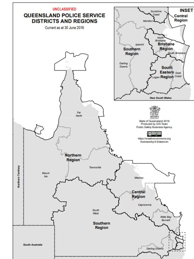 A map of Queensland's eight policing regions. The Central policing region extends from the northern end of the Sunshine Coast to Bowen.