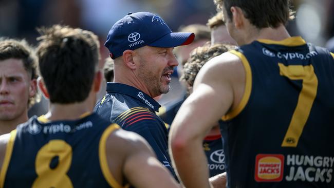 ADELAIDE, AUSTRALIA - MARCH 02:  Matthew Nicks, Senior Coach of the Crows at  three quarter time during the 2024 AFL Community Series match between Adelaide Crows and West Coast Eagles at Hisense Stadium on March 02, 2024 in Adelaide, Australia. (Photo by Mark Brake/Getty Images)