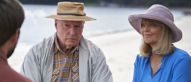 War path … Rick Donald plays Kieran Baldivis and Ray Meagher is Alf Stewart, with Belinda Giblin as Martha, in a scene from Seven's Home And Away. Picture: Supplied.