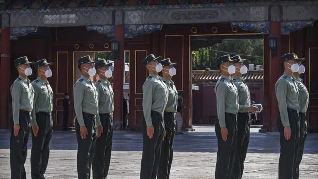 Soldiers of the People's Liberation Army's Honour Guard Battalion outside the Forbidden City, near Tiananmen Square, on May 20. Picture: Kevin Frayer/Getty Images