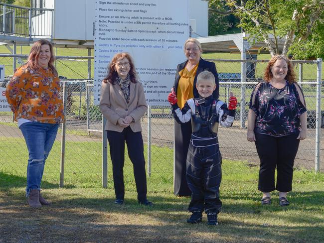 READY TO RACE: New kart racer Riley Grande with L - R Secretary of Lismore Kart Club Kim Dhu, Lismore MP Janelle Saffin, Shadow Minister for Sport and Recreation the Hon Lynda Voltz MP and President Lismore Kart Club Diana Smith.