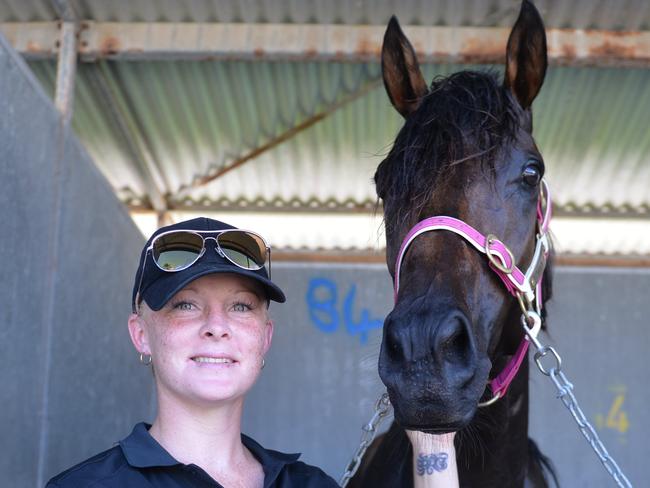 Trainer Trinity Bannon with first winning horse of the day Trerice, also known by the stable name Danger at Back to Mackay for Xmas Race Day 22/12/18.