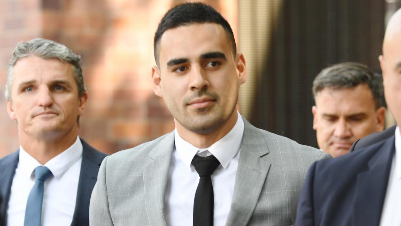 Penrith Panthers NRL player Tyrone May leaves Parramatta Local Court in Sydney, Friday, November 22, 2019. (AAP Image/Dean Lewins)