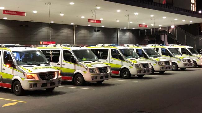 Ambulances lined up at the Gold Coast University Hospital.