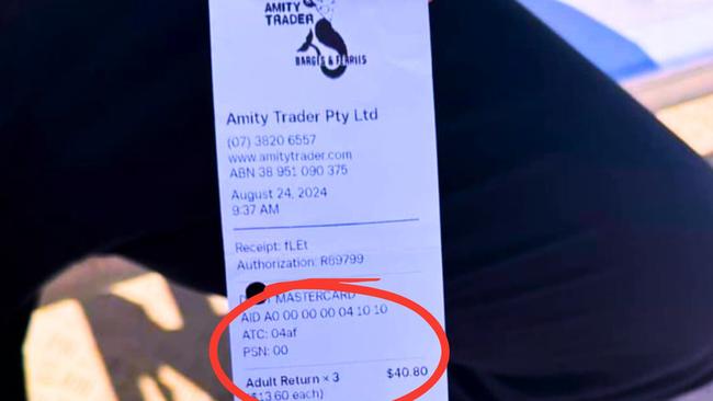 A receipt for $40.80 for three adult return tickets to Coochiemudlo Island on the weekend. Picture: Shane Rendalls