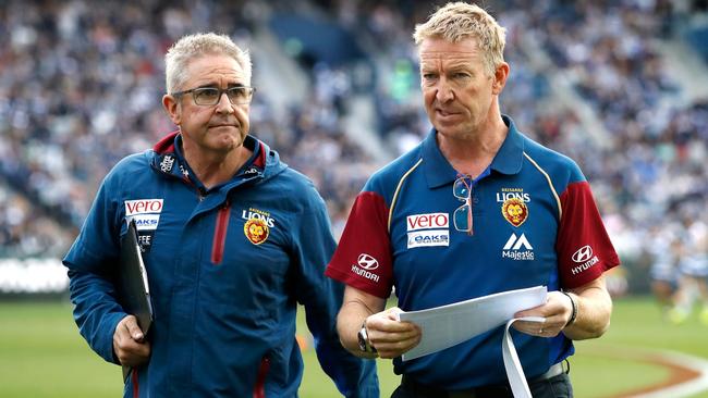 Brisbane coach Chris Fagan with former football manager David Noble.