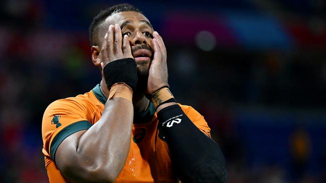 LYON, FRANCE - SEPTEMBER 24: Samu Kerevi of Australia reacts after their team's loss at full-time following the Rugby World Cup France 2023 match between Wales and Australia at Parc Olympique on September 24, 2023 in Lyon, France. (Photo by Hannah Peters/Getty Images)