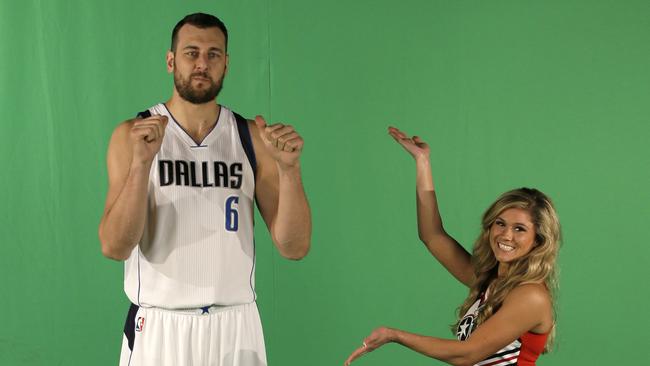 Dallas Mavericks centre Andrew Bogut films a promotional spot during an NBA basketball media day.