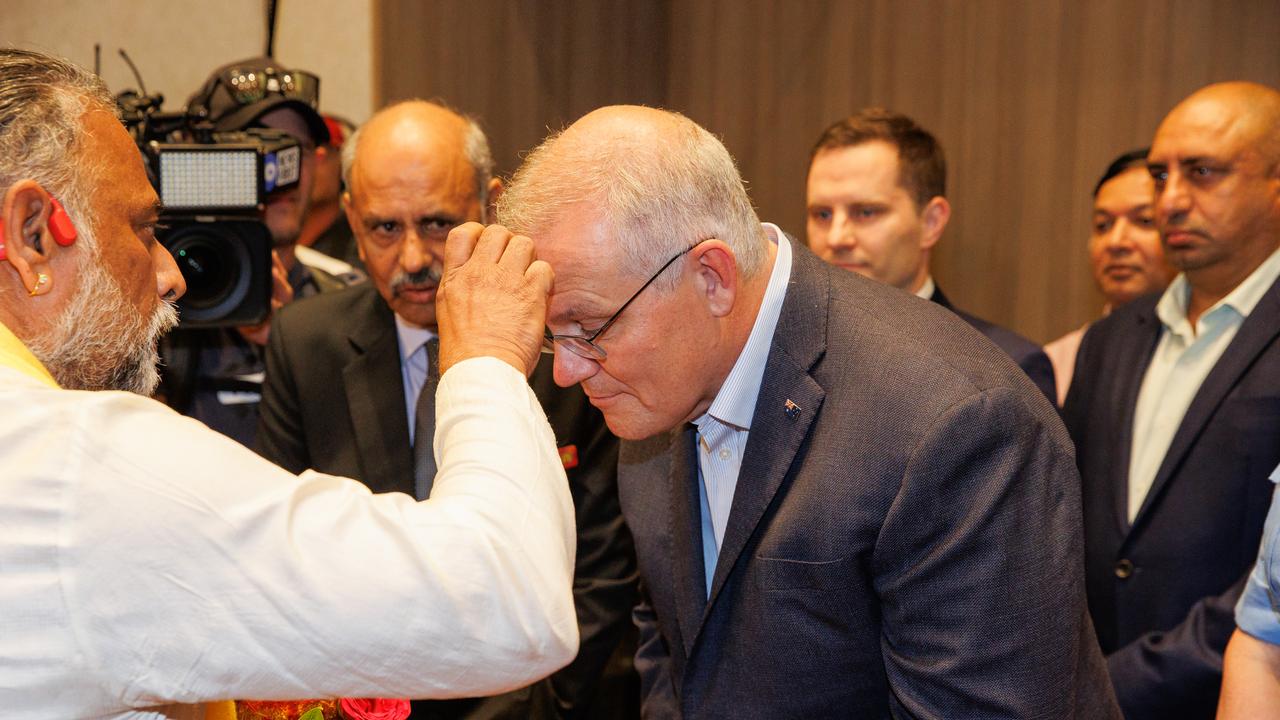 Your turn now PM, Mr Morrison at the Hindu Council of Australia’s meet and greet event in Parramatta on Saturday afternoon. Picture: Jason Edwards