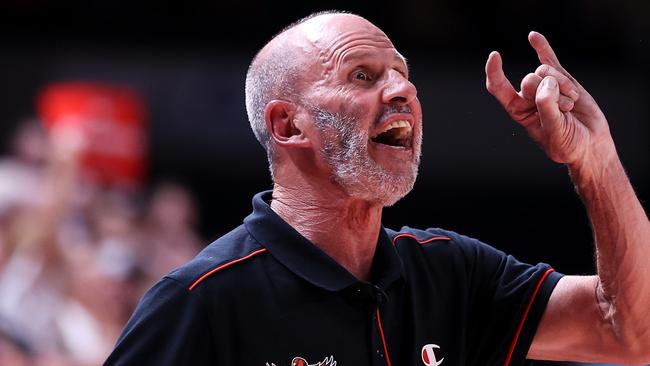 WOLLONGONG, AUSTRALIA - APRIL 29: Brian Goorjian head coach of the Hawks shouts to his players during game one of the NBL Semi Final series between the Illawarra Hawks and the Sydney Kings at WIN Entertainment Centre on April 29, 2022 in Wollongong, Australia. (Photo by Mark Kolbe/Getty Images)