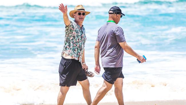 Tom Hanks enjoying a stroll along the beach in Broadbeach on the Gold Coast in January during pre-production of the Elvis biopic. Picture: Nigel Hallett