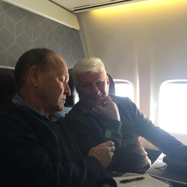 Phil Rothfield interviews Ray Warren on the plane from Sydney to Brisbane for State of Origin II. Picture: supplied