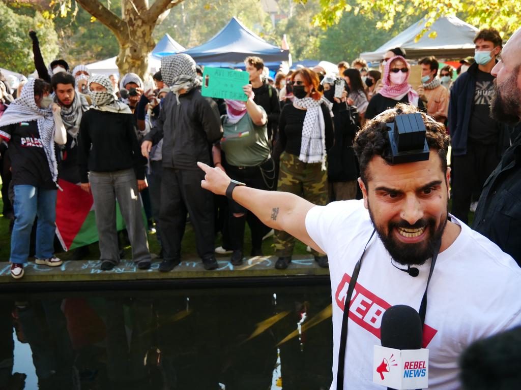 Youtuber and provocateur Avi Yemini bobbed up as pro-Israel and pro-Palestinian supporters at the University of Melbourne faced off earlier this month. Picture: NCA NewsWire / Blair Jackson