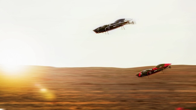 The two flying cars race in the Flinders Ranges. Picture: Airspeeder