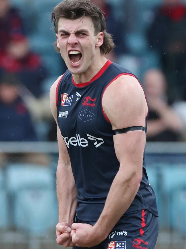 Redlegs forward Jackson Callow celebrates after kicking one of his four goals in the thrilling two-point win against South Adelaide. Picture: David Mariuz/SANFL