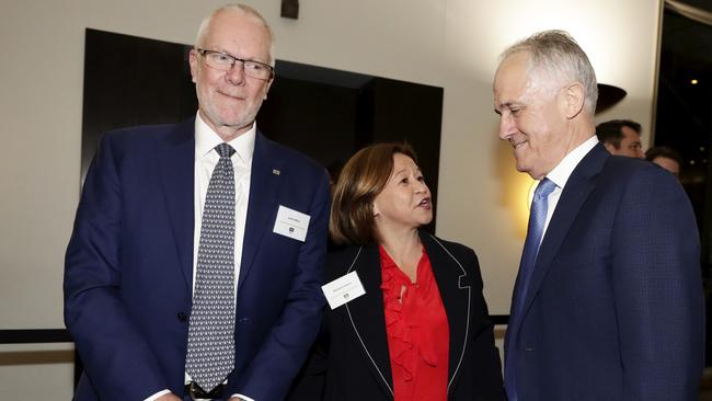 ABC chair Justin Milne, ABC Managing Director Michelle Guthrie and Prime Minister Malcolm Turnbull at Parliament House in August 2018. Picture: Alex Ellinghausen/pool