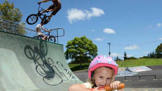 LEFT: Amelia Brian, 3, at Lismore Skate Park where she goes regularly to skate with her father. BELOW RIGHT: Jovana Wilmoth, Amelia Brian, 3 and Jemma Wilmoth, 7, with other local users of Lismore skate park. Picture: Jacklyn Wagner