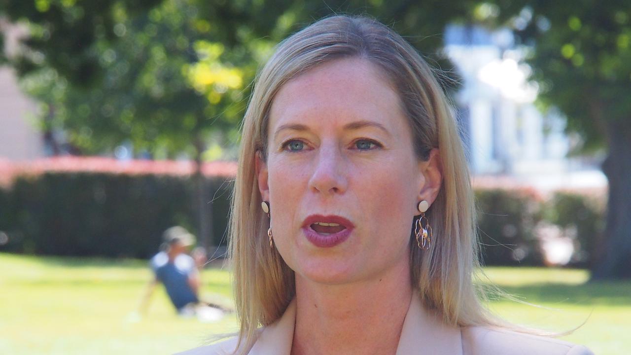 Labor leader Rebecca White speaks to the media on Parliament Lawns in Hobart on Monday, February 7, 2022.