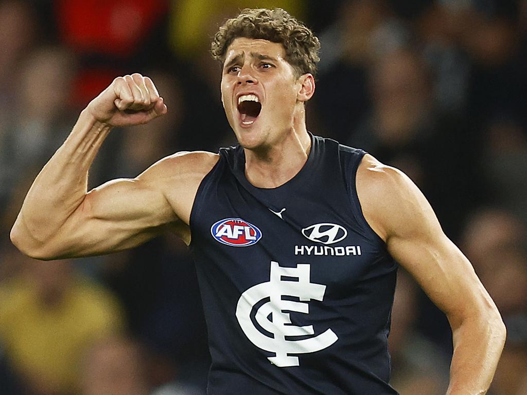 Charlie Curnow of the Blues celebrates kicking a goal against the Adelaide Crows at Marvel Stadium. Picture: Daniel Pockett/Getty Images