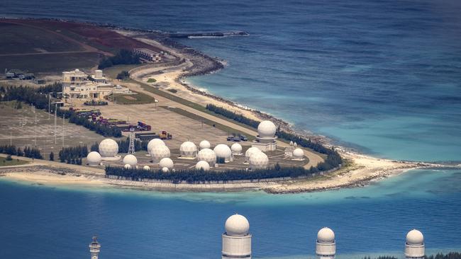 Buildings and structures on the artificial island built by China in Fiery Cross Reef in Spratly Islands, South China Sea. Picture: Getty Images.