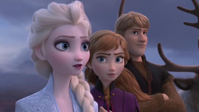 This image released by Disney shows Elsa, voiced by Idina Menzel, from left, Anna, voiced by Kristen Bell, Kristoff, voiced by Jonathan Groff and Sven in a scene from the animated film, 