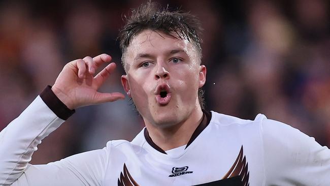 ADELAIDE, AUSTRALIA - JULY 28: Jack Ginnivan of the Hawks celebrates a goal during the 2024 AFL Round 20 match between the Adelaide Crows and the Hawthorn Hawks at Adelaide Oval on July 28, 2024 in Adelaide, Australia. (Photo by James Elsby/AFL Photos via Getty Images)