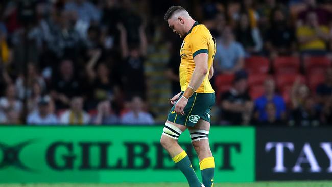 Swinton leaves the field in the match against the All Blacks. Picture: Jono Searle/Getty Images