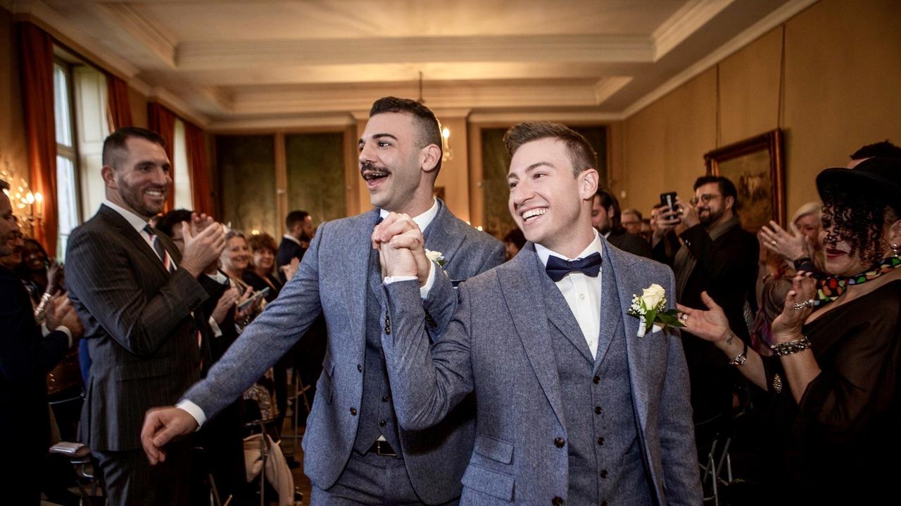 Australian diver Matthew Mitcham and partner Luke Rutherford at their wedding in Europe. Picture: Supplied