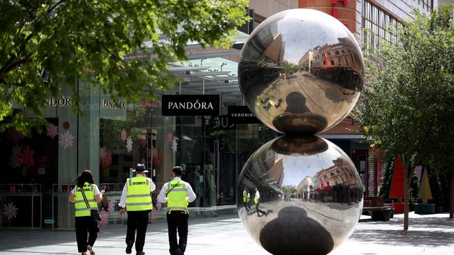 Security patrolling Rundle Mall on Friday. Picture: Getty Images