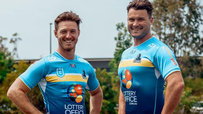 Titans players Sam Verrills and Joe Stimson model the 2024 jersey. Picture: Supplied