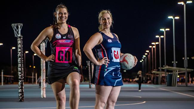 Netball SA’s Premier League players Sarah Raper (Tango) and Megan Wooldridge (South Adelaide). Picture: Tom Huntley