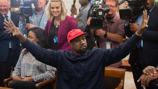 Kanye West speaks during his meeting with President Trump. Picture: AFP