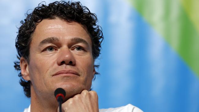 Australia’s head coach Jacco Verhaeren talks to the media in Rio. Picture: Cameron Tandy