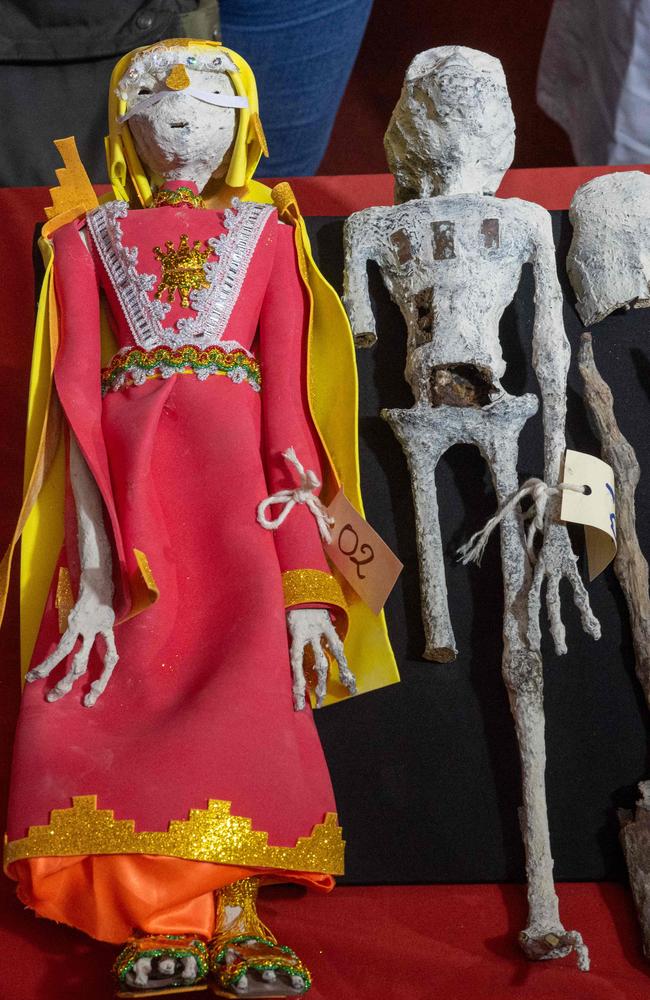 Peruvian archaeologist Flavio Estrada revealed the figures to be just dolls. Picture: CRIS BOURONCLE / AFP