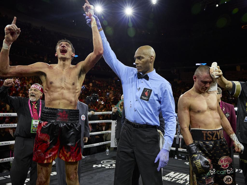 Sebastian Fundora celebrates his bloody win over Tim Tszyu. Picture: No Limit Boxing
