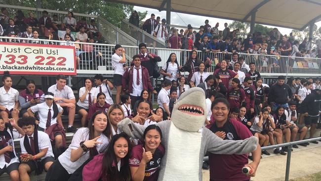 The Marsden SHS school mascot with supporters at Langlands Park.