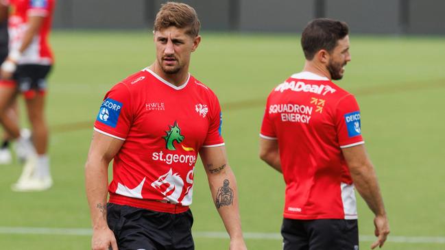 Zac Lomax (left) and Ben Hunt at Dragons training. Photo: David Swift