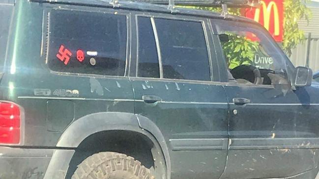 The Anti-Defamation Commission shared a photo of vehicle with a swastika sticker at a California Gully Macdonald’s drive through, at Bendigo on Saturday April 17. Picture: Supplied