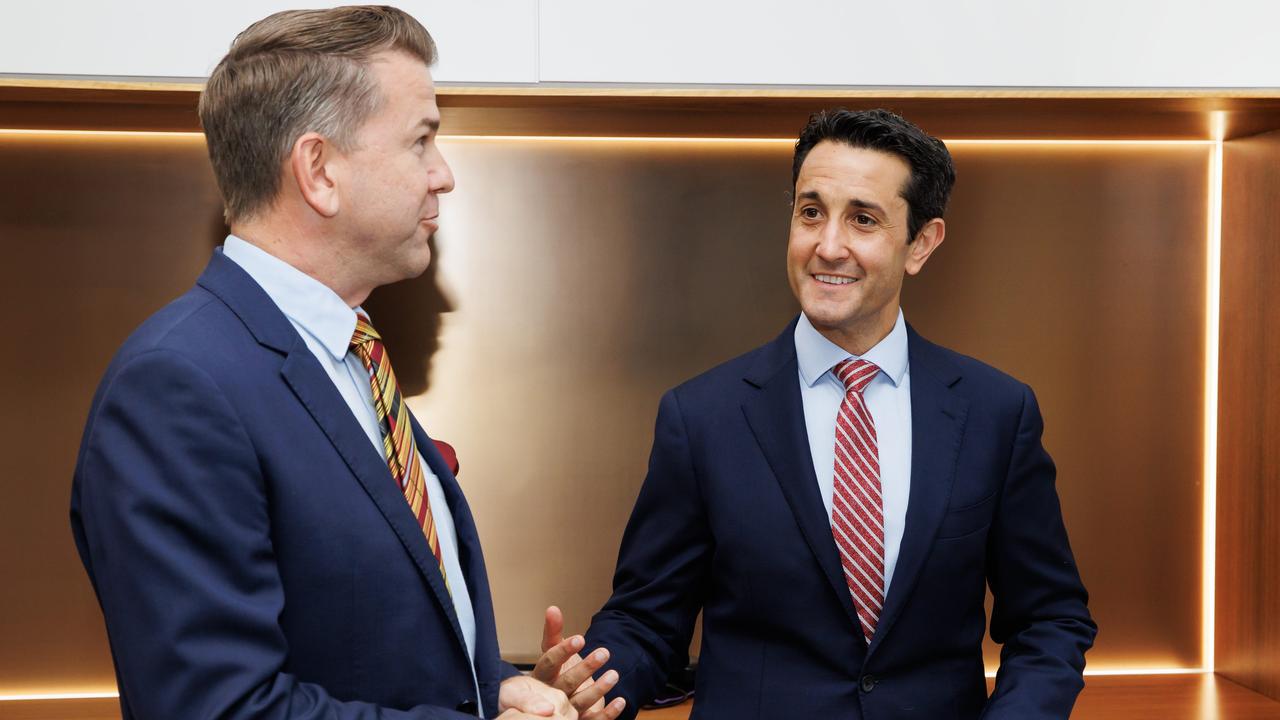 Deputy Premier Jarrod Bleijie and Premier David Crisafulli spruik their 100 days of results at William street on Sunday. Picture Lachie Millard