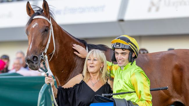 Julie Preston and Connor Murtagh celebrate Snoopy Now's Port Adelaide Guineas win in April. Picture: Makoto Kaneko