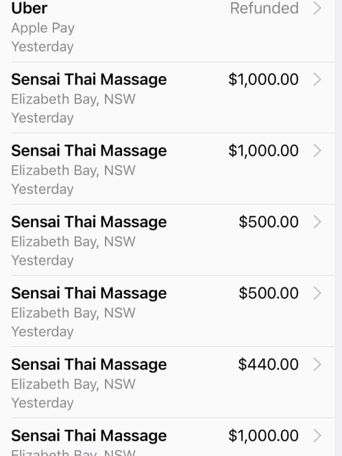 Charges totalling more than $10k were made to a massage parlour. Picture: Federal Court of Australia